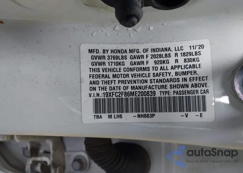 2021 Honda Civic Sport из США, поврежденный, VIN 19XFC2F86ME200839